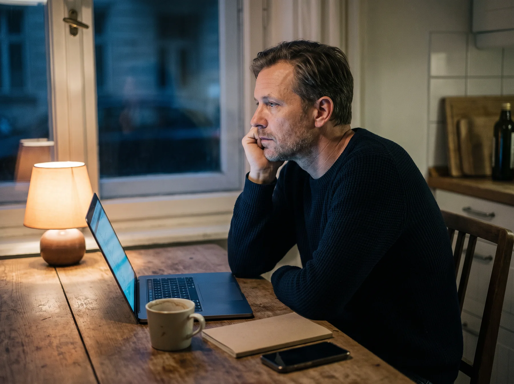 Selbstständiger sitzt abends nachdenklich am Küchentisch vor dem Laptop